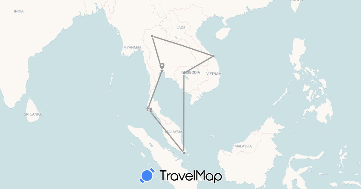 TravelMap itinerary: driving, plane in Cambodia, Singapore, Thailand, Vietnam (Asia)